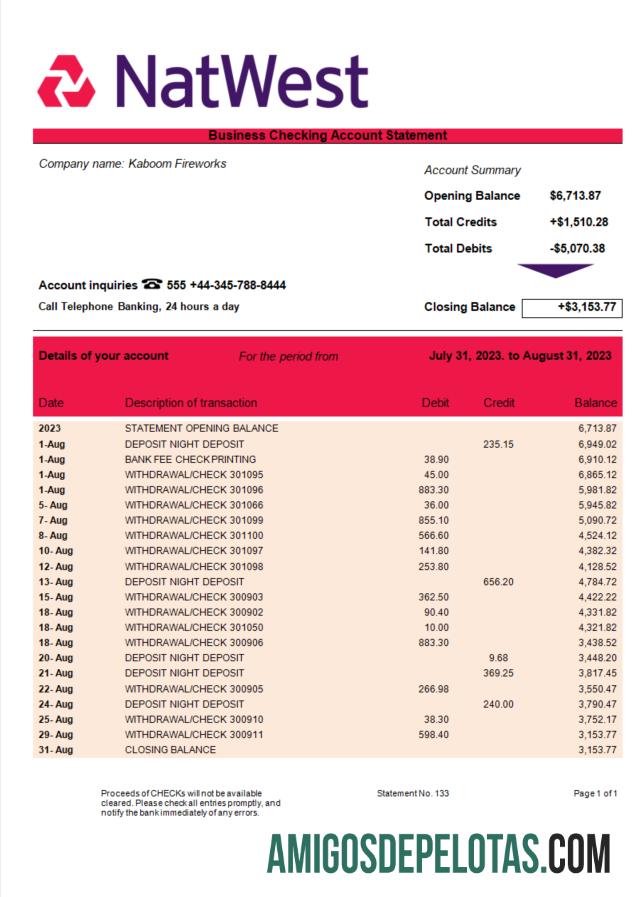 Profesional NatWest bank enterprise rekening laporan Word and PDF templat