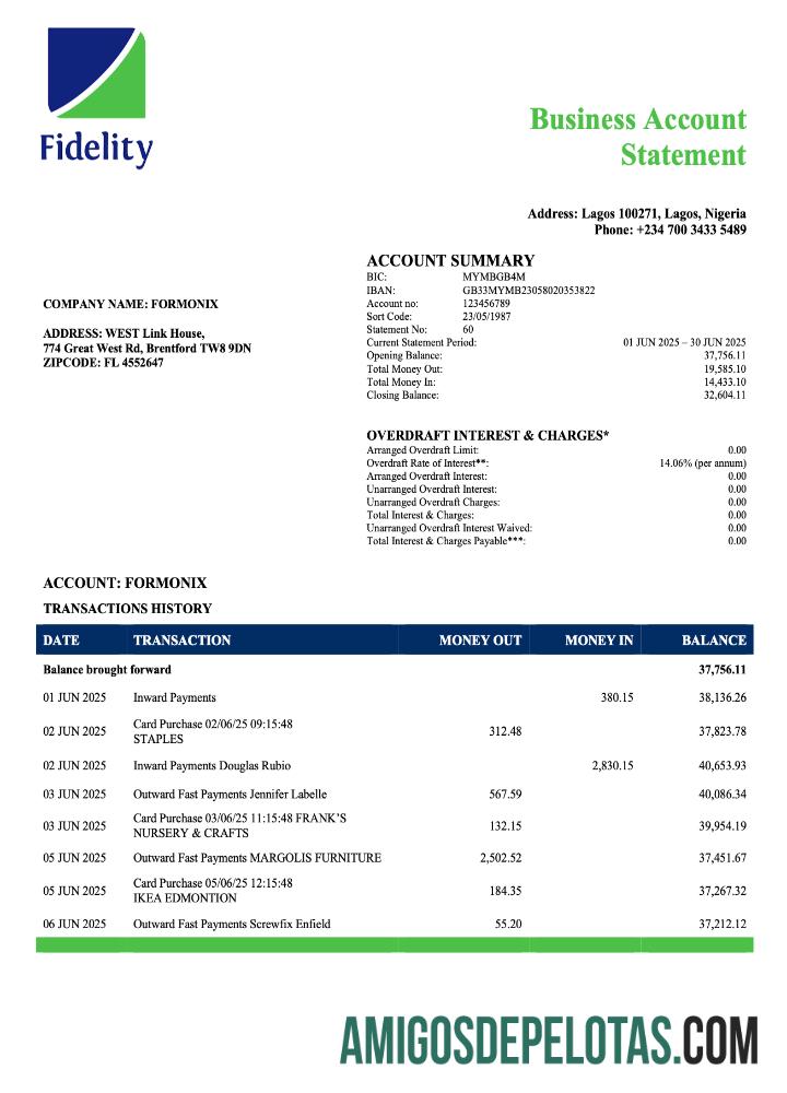 Premium Nigeria Fidelity bank enterprise rekening laporan Word and PDF templat