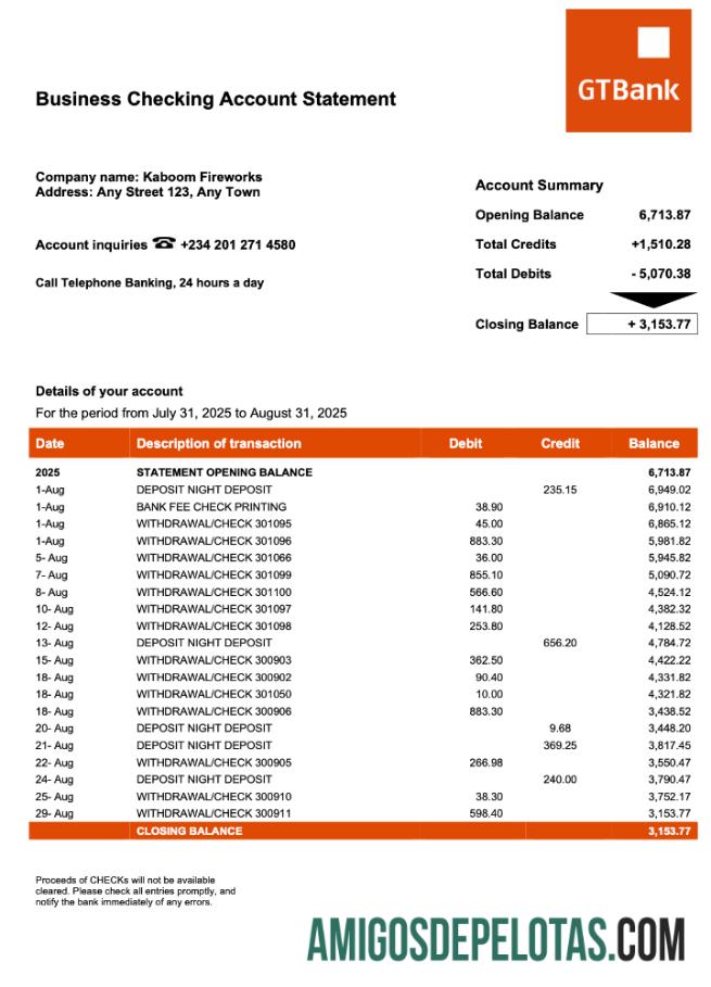 Dapat Diedit Nigeria GTBank firm rekening laporan Word and PDF templat