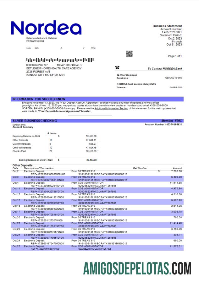 Realistis Nordea bank enterprise checking rekening laporan Word and PDF templat