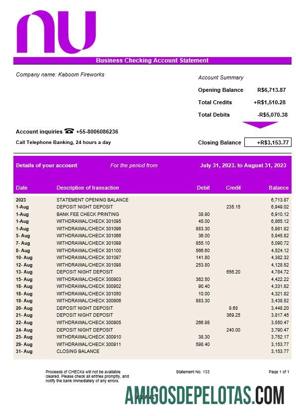 Dapat Diedit Nubank corporate checking rekening laporan Word and PDF templat
