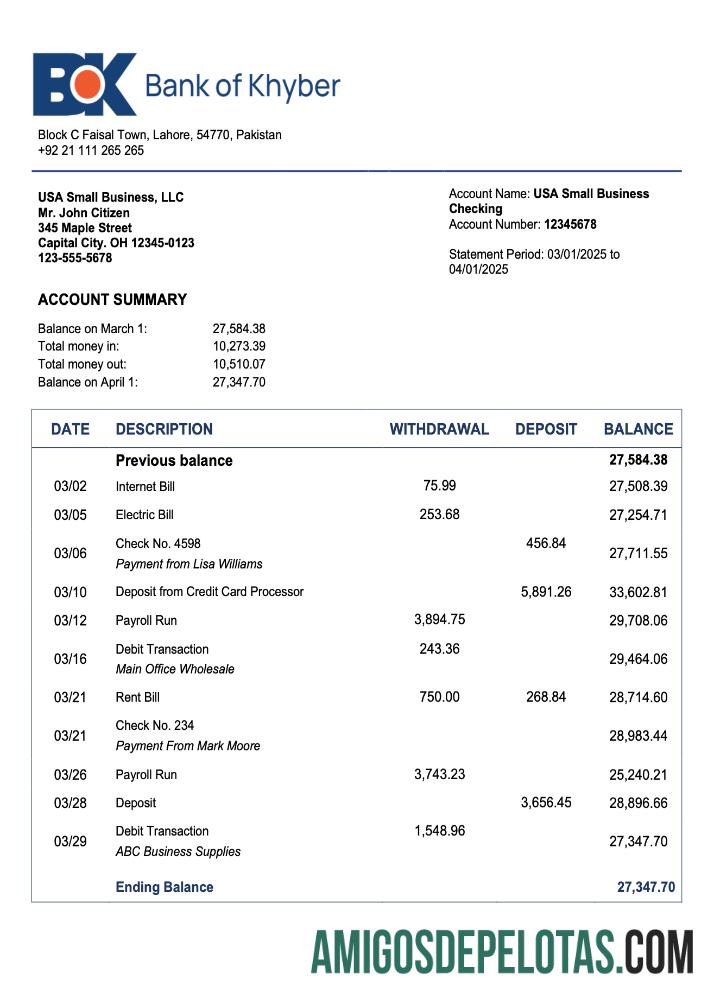 Profesional Pakistan The bank of Khyber enterprise rekening laporan Word and PDF templat