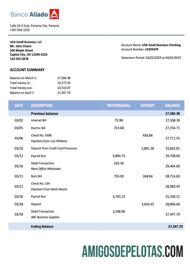 Realistis Panama Banco Aliado Perusahaan checking rekening laporan Word and PDF templat