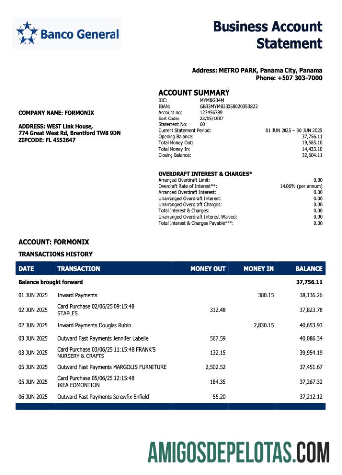 Panama Banco General enterprise rekening laporan Word and PDF format makering