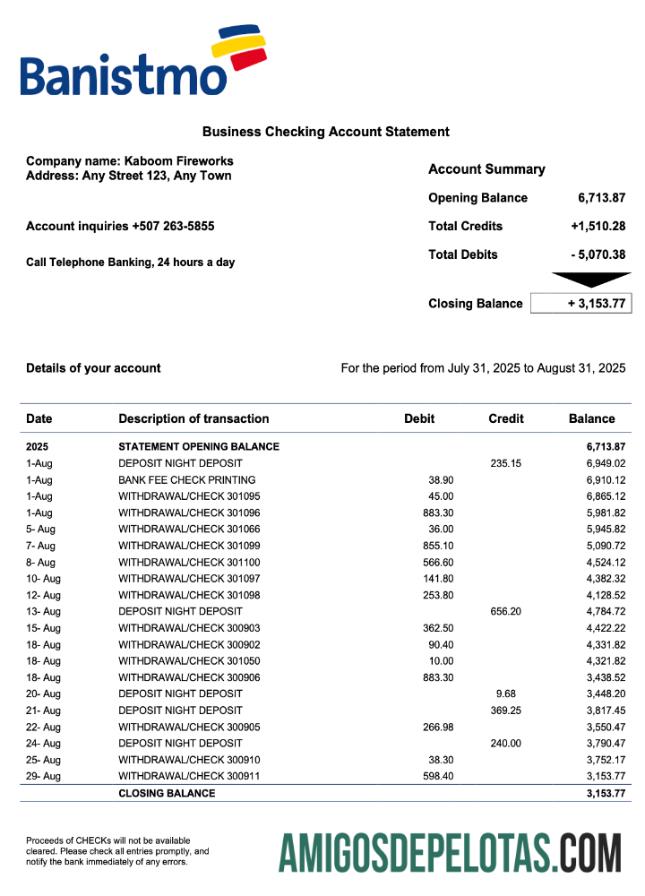 Berkualitas Panama Banistmo bank Perusahaan checking rekening laporan Word and PDF templat