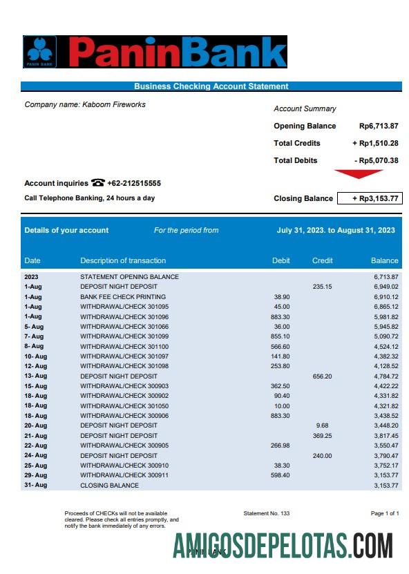 Realistis Panin bank organization checking rekening laporan Word and PDF templat