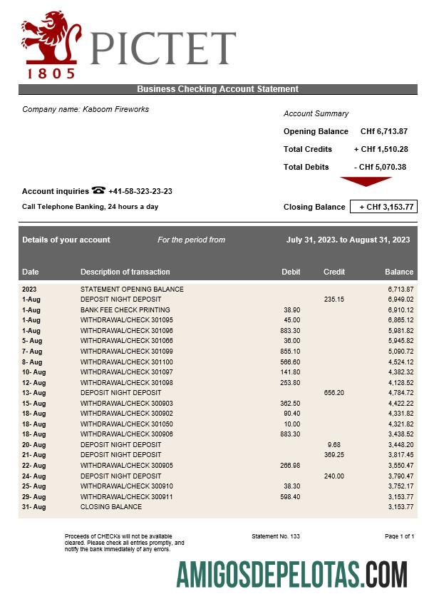 Realistis Pictet bank firm rekening laporan Word and PDF templat