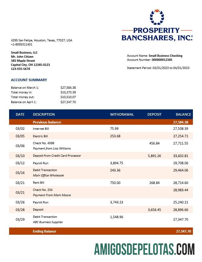 Realistis Prosperity Bancshares Inc Perusahaan checking rekening laporan Word and PDF templat