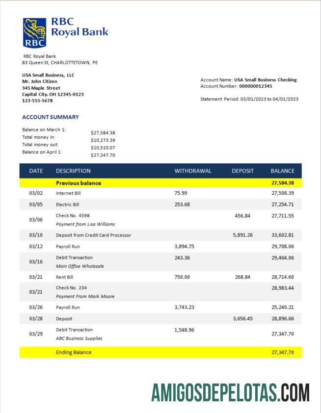 Realistis RBC Royal bank enterprise checking rekening laporan Word and PDF templat