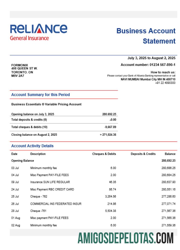 Reliance General asuransi Perusahaan Limited organization checking rekening laporan Word and PDF format desain