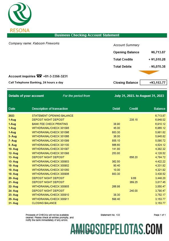 Premium Resona bank Perusahaan checking rekening laporan Word and PDF templat