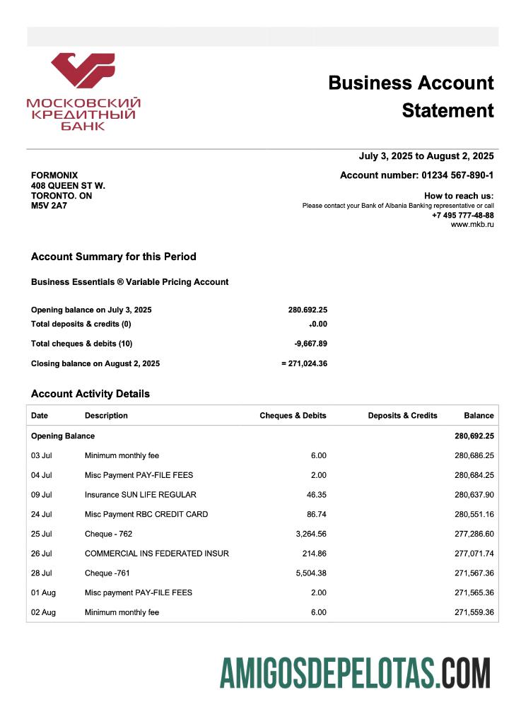 Realistis Rusia Kredit bank of Moscow organization checking rekening laporan Word and PDF templat