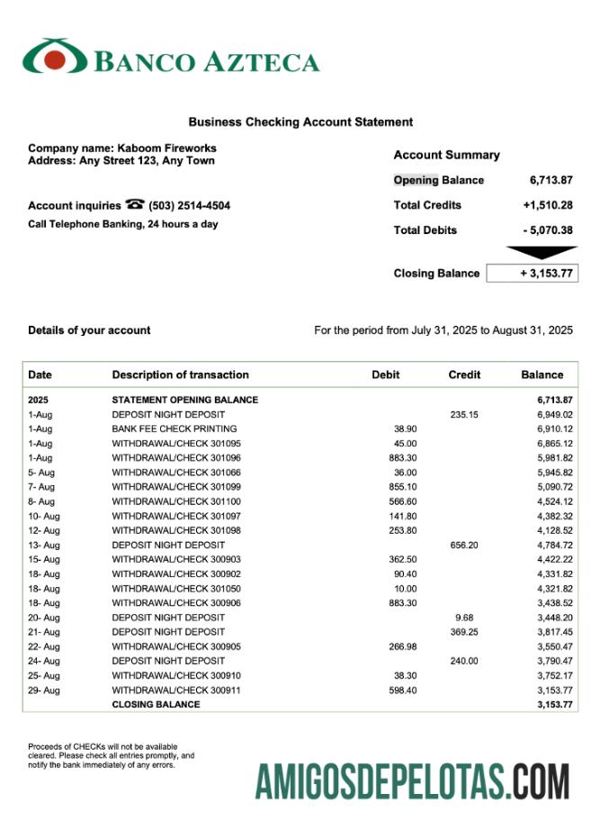 Salvador Banco Azteca organization checking rekening laporan Word and PDF format sampel