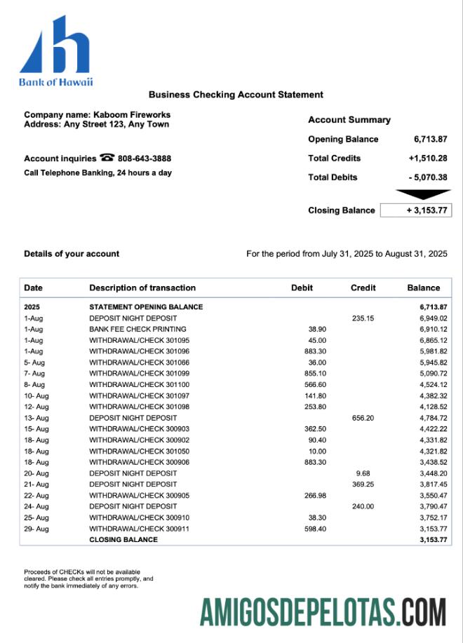 Realistis Samoa bank of Hawaii bisnis rekening laporan Word and PDF templat