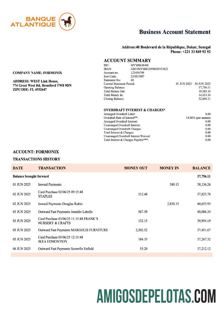 Dapat Diedit Senegal Banque Atlantique Perusahaan checking rekening laporan Word and PDF templat