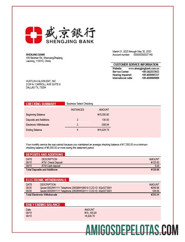 Shengjing bank Perusahaan checking rekening laporan Word and PDF templa sampel