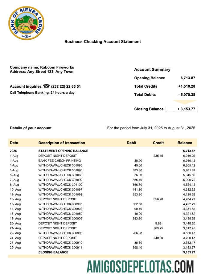 Dapat Diedit Sierra Leone bank of Sierra Leone bisnis checking rekening laporan Word and PDF templat