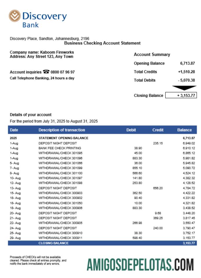 Dapat Diedit South African Discovery bisnis checking rekening laporan Word and PDF templat