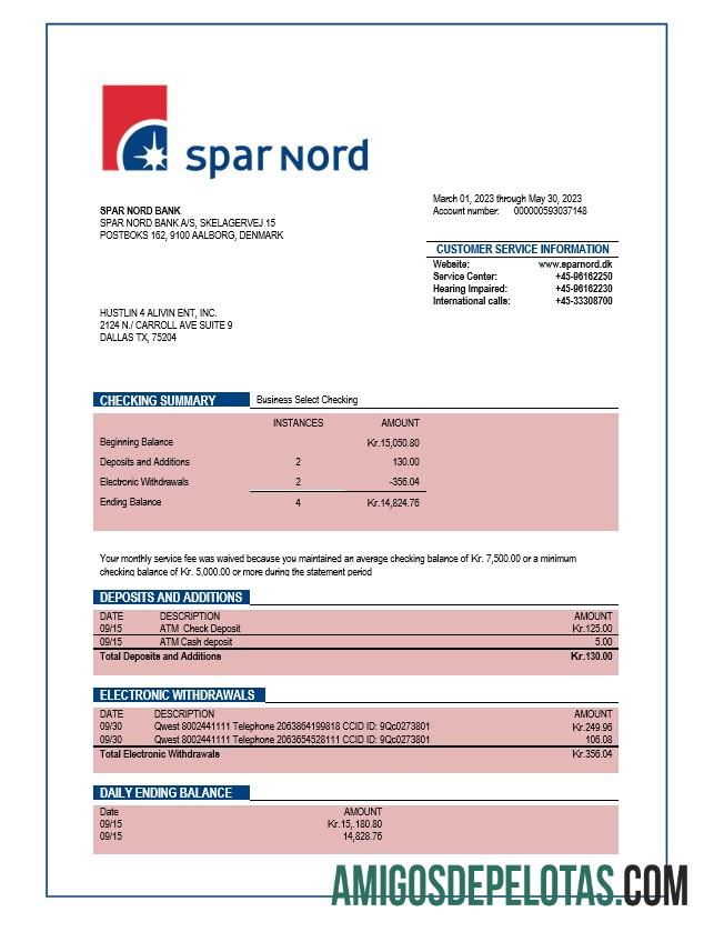 Profesional Spar Nord bank Perusahaan checking rekening laporan Word and PDF templat