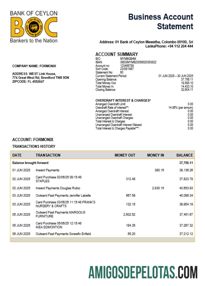 Premium Sri Lanka bank of Ceylon firm rekening laporan Word and PDF templat