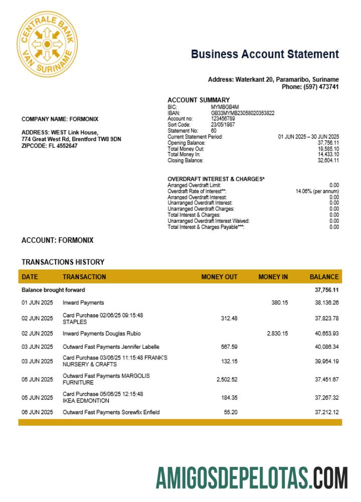 Profesional Suriname Centrale bank Van Suriname bisnis rekening laporan Word and PDF templat