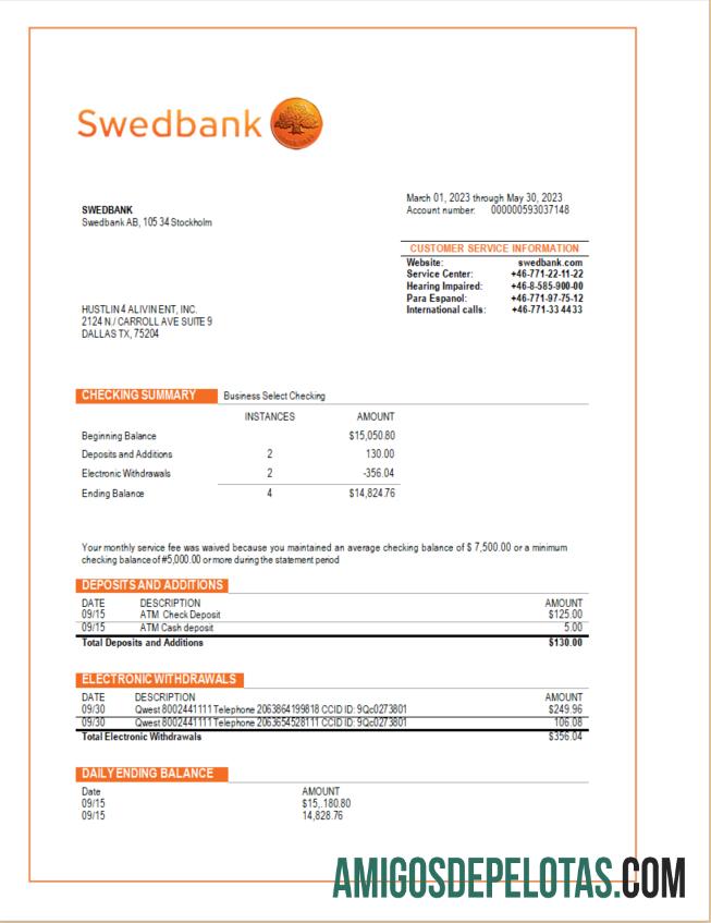 Profesional Swedbank bisnis checking rekening laporan Word and PDF templat