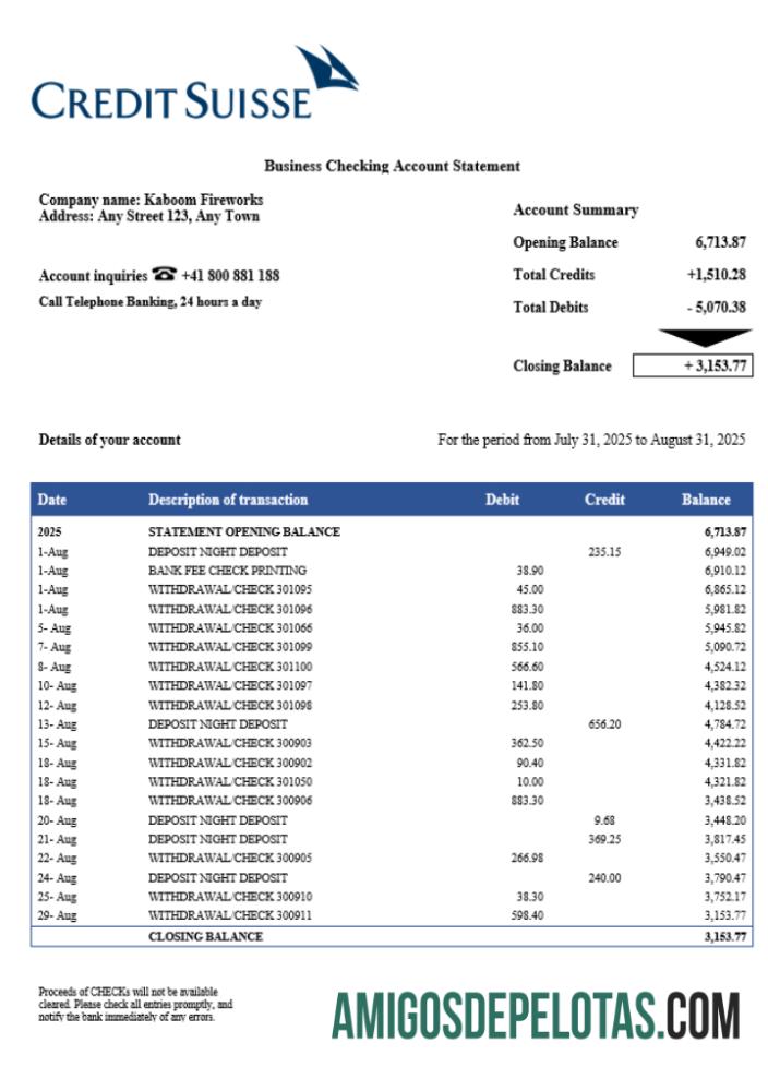 Premium Swiss Kredit Suisse Perusahaan checking rekening laporan Word and PDF templat