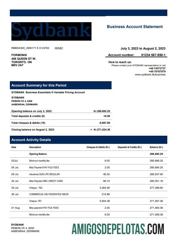 Realistis Sydbank enterprise rekening laporan Word and PDF templat