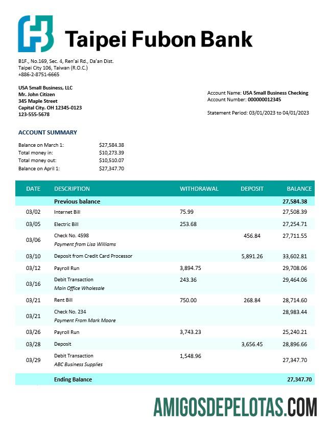 Berkualitas Taipai Fubon bank corporate checking rekening laporan Word and PDF templat