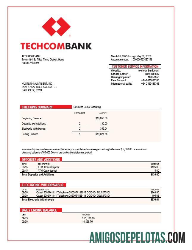 Profesional Techcombank corporate checking rekening laporan Word and PDF templat