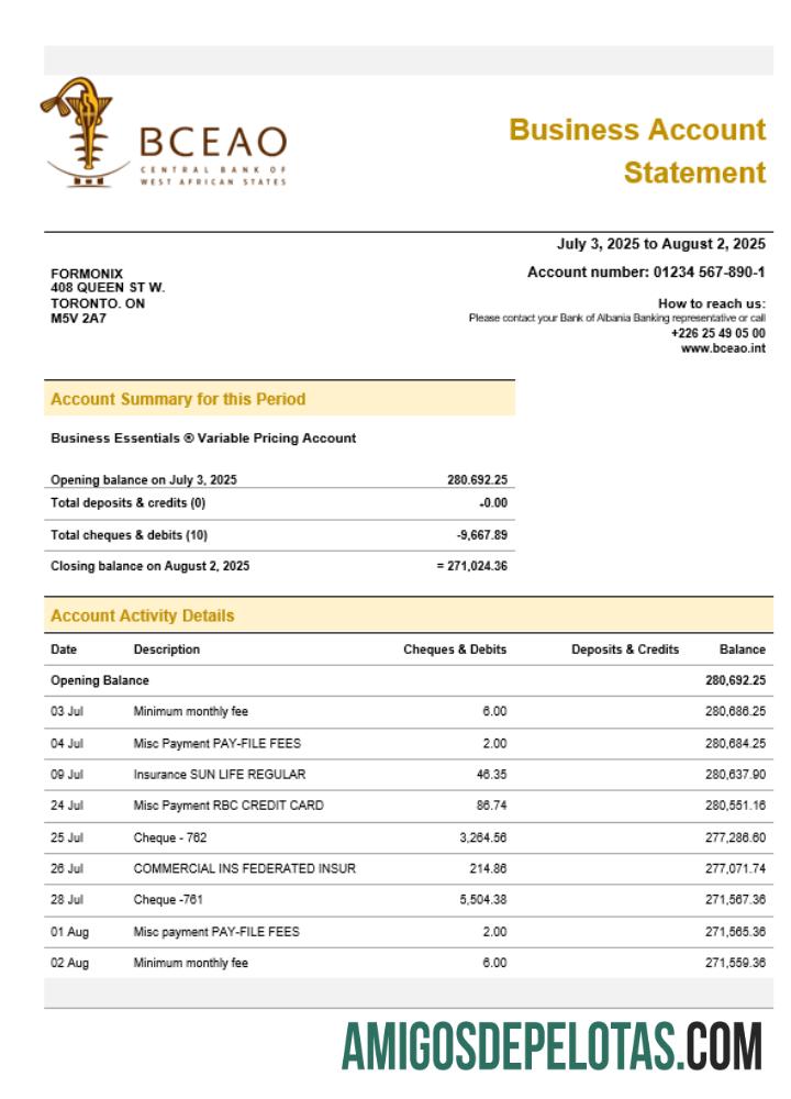 The Central bank of West African States organization checking rekening laporan Word and PDF format desain
