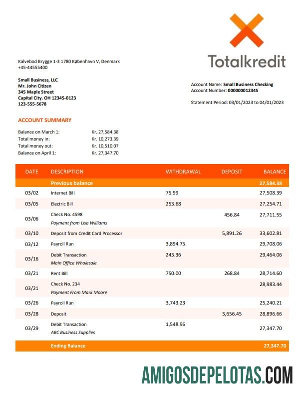 Totalkredit bank organization rekening laporan Word and PDF pratinjau