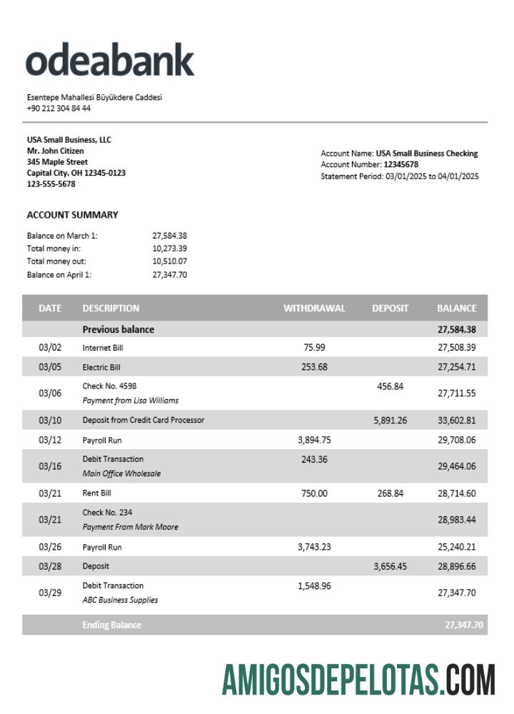 Premium Turki Odeabank firm rekening laporan Word and PDF templat