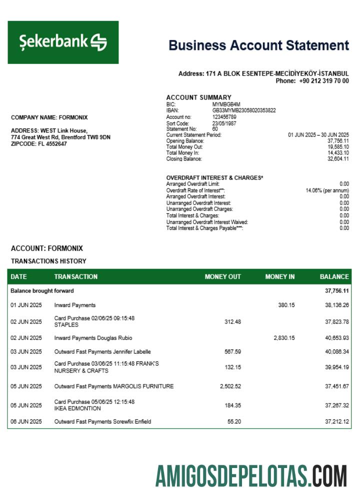 Dapat Diedit Turkish Sekerbank firm checking rekening laporan Word and PDF templat
