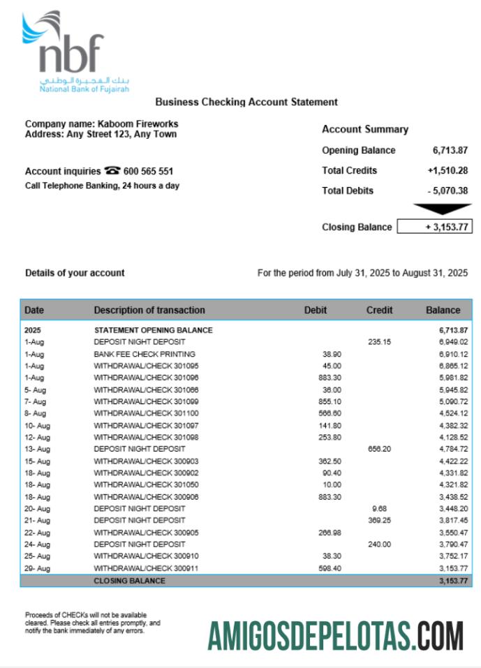 Dapat Diedit UEA Fujeirah nasional bank (NFB) organization checking rekening laporan Word and PDF templat