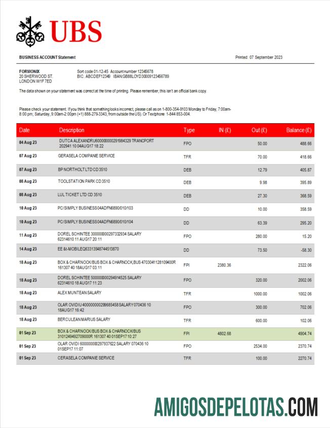Realistis UBS bank corporate checking rekening laporan Word and PDF templat
