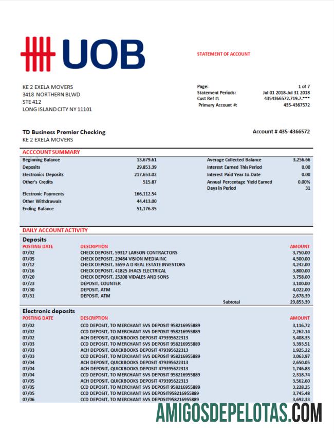 Premium UOB (United Overseas bank) firm rekening laporan Word and PDF templat