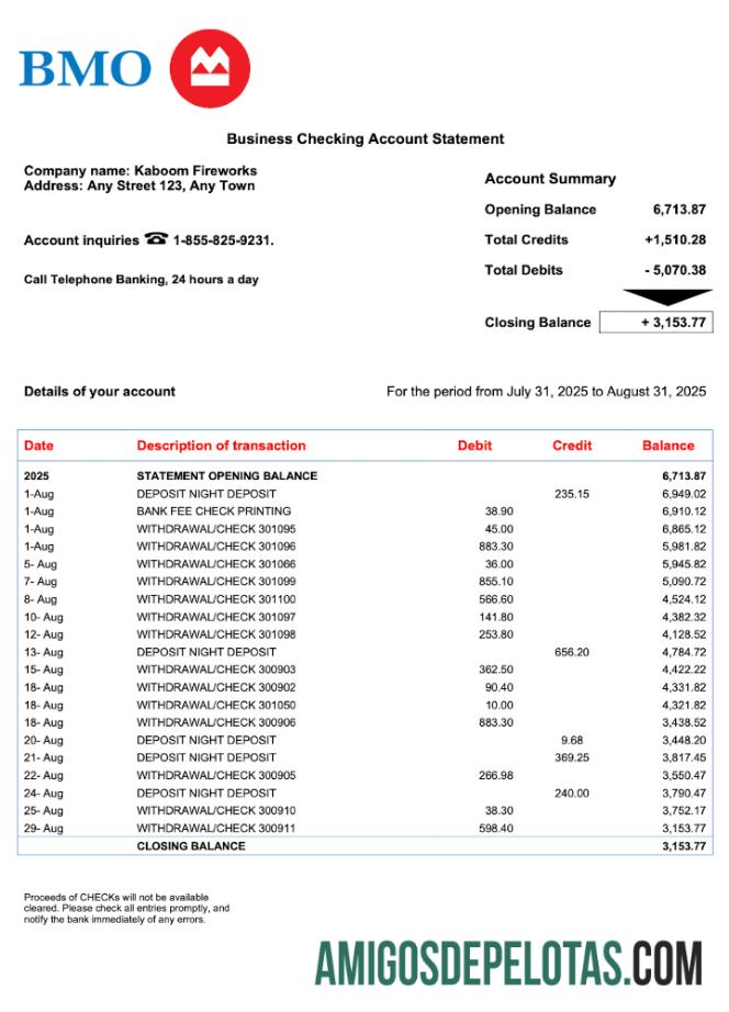 Berkualitas AS BMO bank of Montreal bisnis checking rekening laporan Word and PDF templat 2