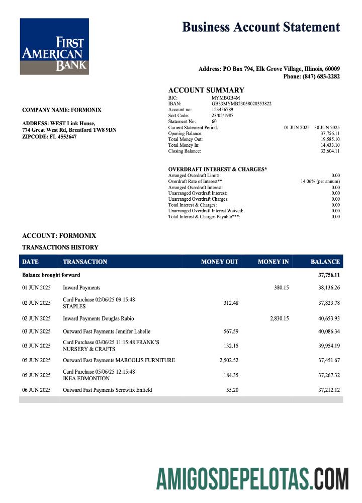 Dapat Diedit AS First Amerika bank Perusahaan checking rekening laporan Word and PDF templat