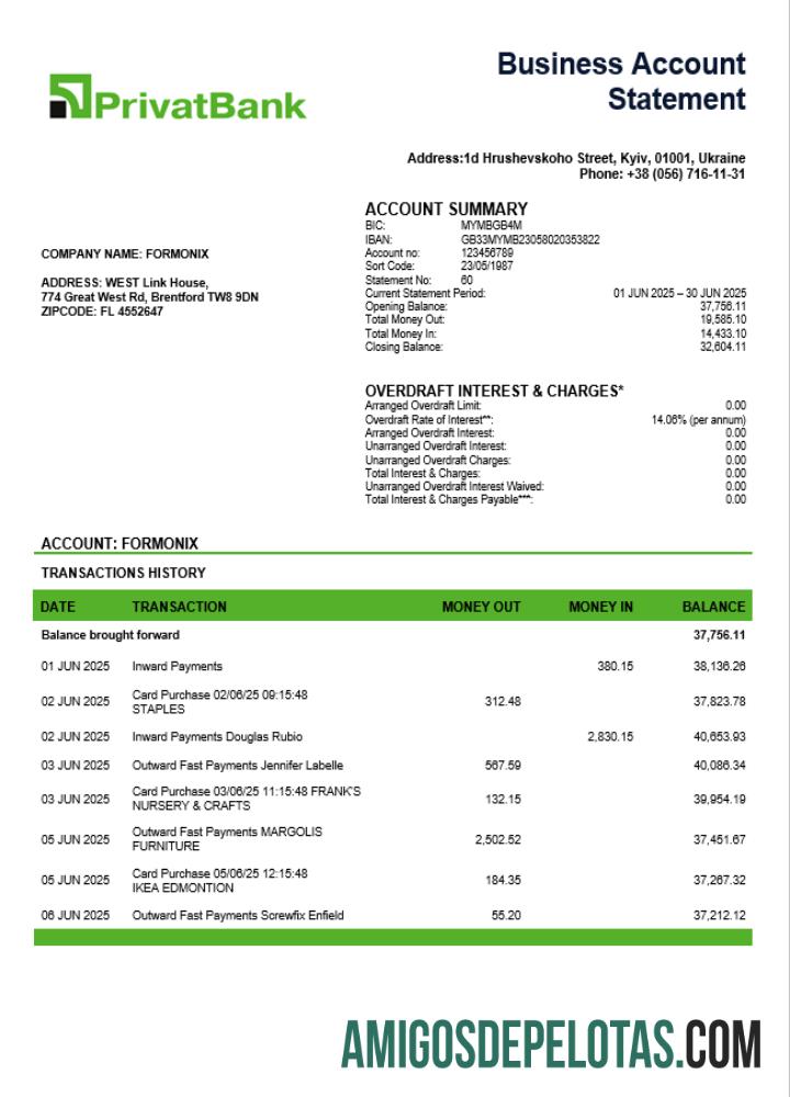 Berkualitas Ukraina Privatbank enterprise rekening laporan Word and PDF templat