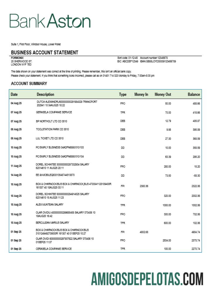 Dapat Diedit Inggris Raya bank of Aston bisnis checking rekening laporan Word and PDF templat