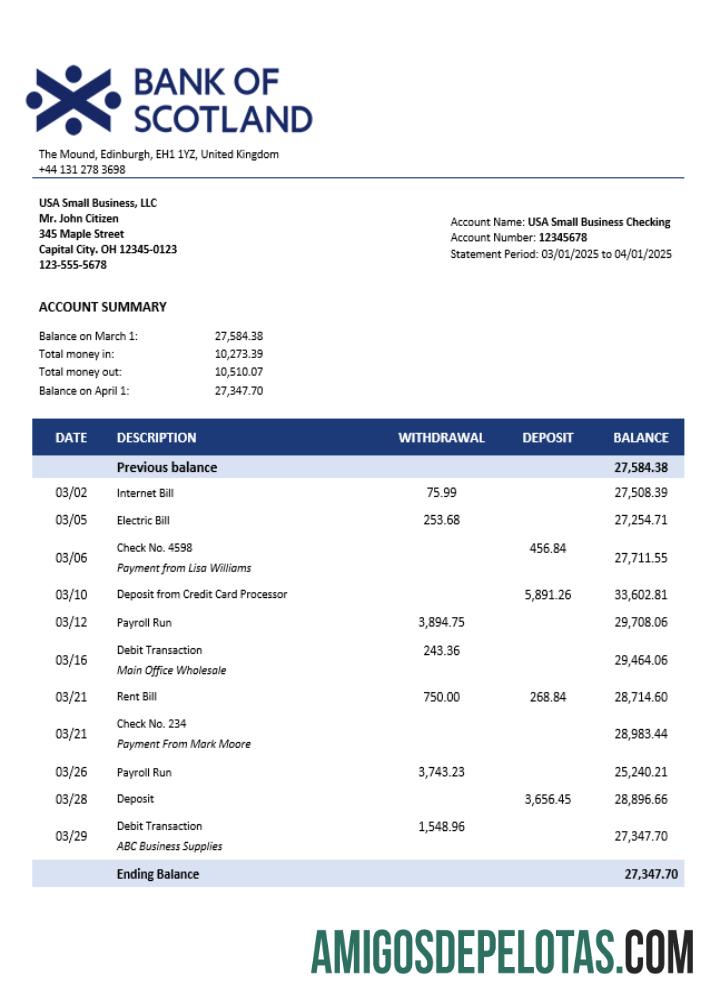 Premium Inggris Raya bank of Skotlandia bisnis checking rekening laporan Word and PDF templat