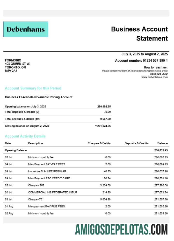 Realistis Inggris Raya Debenhams bisnis checking rekening laporan Word and PDF templat