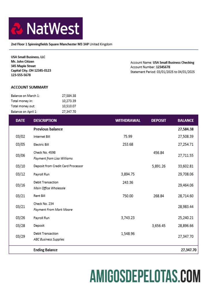 Dapat Diedit Inggris Raya NatWest firm rekening laporan Word and PDF templat