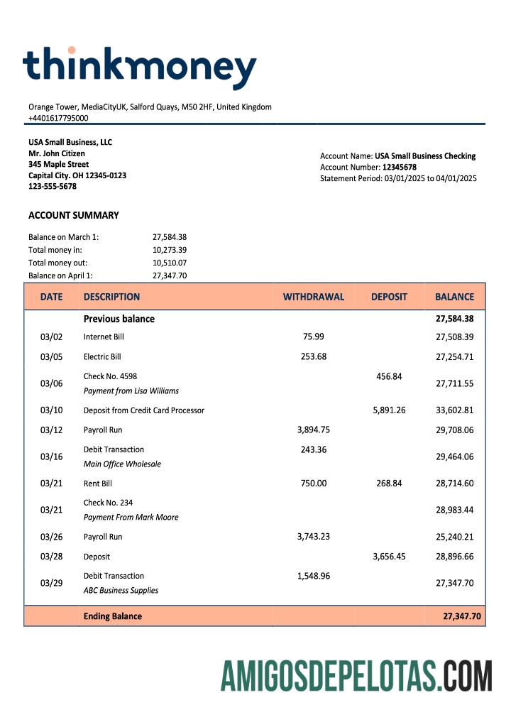 Premium Inggris Raya Think Money firm checking rekening laporan Word and PDF templat