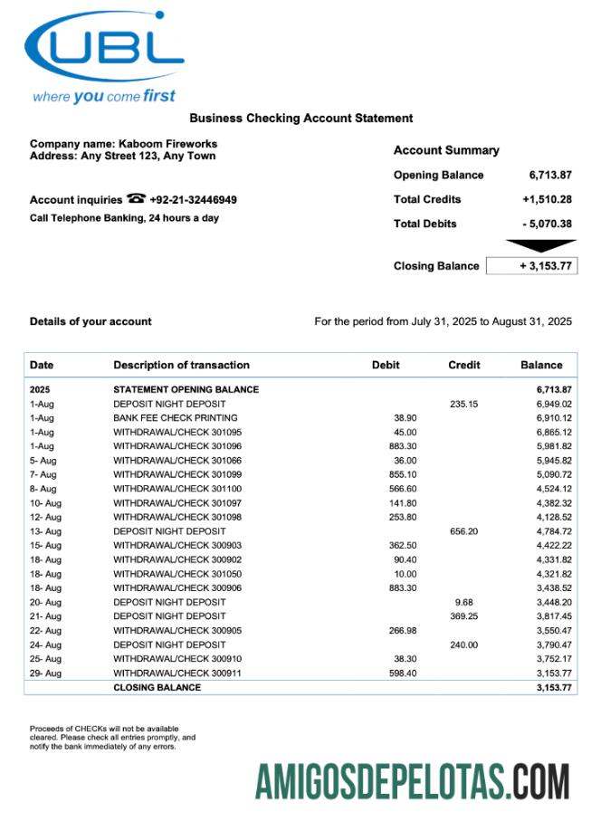 Premium Inggris Raya United bank Ltd (UBL) Perusahaan checking rekening laporan Word and PDF templat