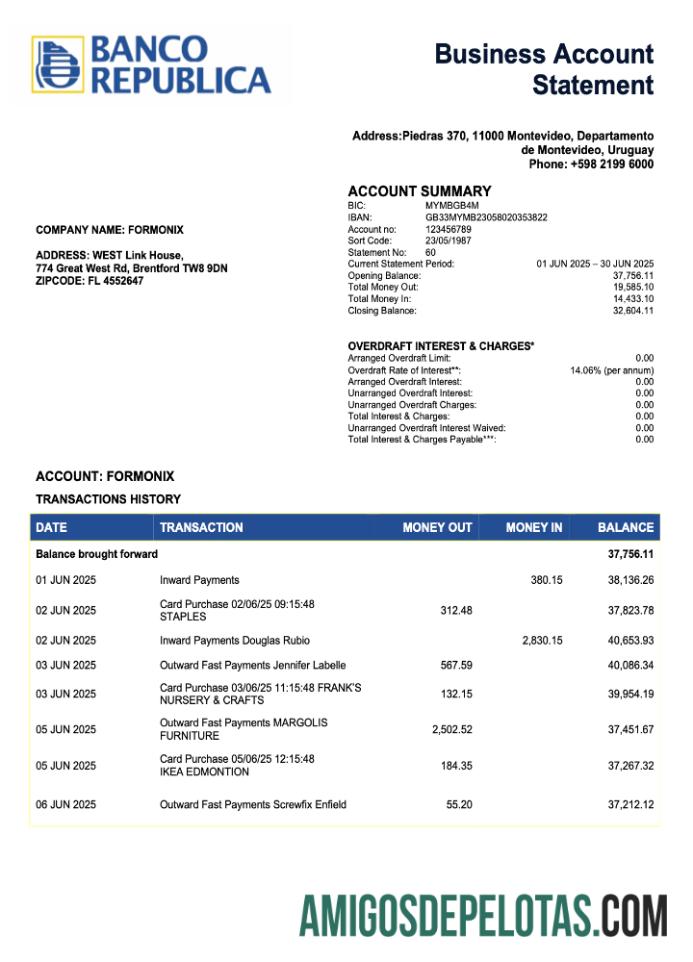 Berkualitas Uruguay Banco De La Republica Oriental Del Uruguayan corporate checking rekening laporan Word and PDF templat