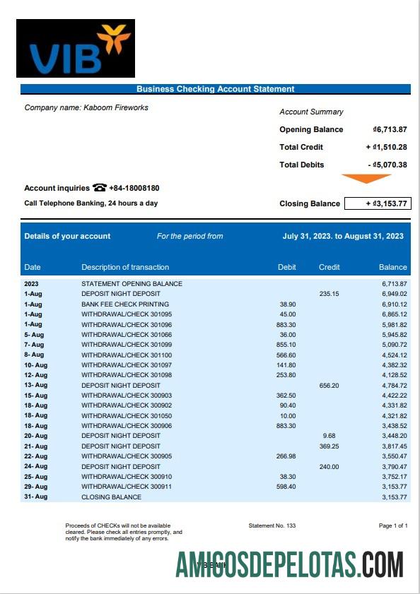 Dapat Diedit VIB bank bisnis checking rekening laporan Word and PDF templat