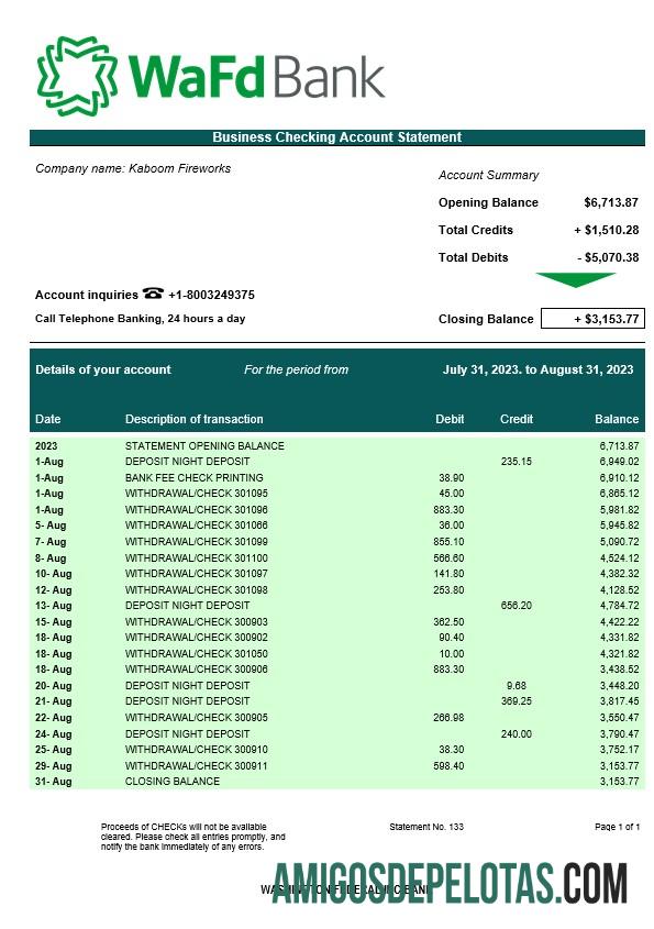 Dapat Diedit Washington Federal Inc bank bisnis checking rekening laporan Word and PDF templat