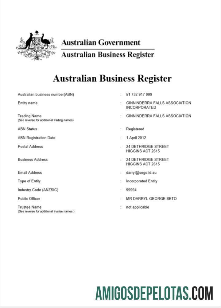 Australia sertifikat of Perusahaan pendaftaran, versi 2 sampel
